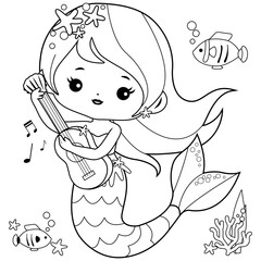 Beautiful mermaid playing music with her guitar. Vector black and white coloring page