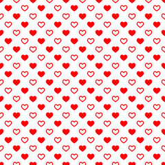 Seamless pattern of red hearts. Vector illustration on a white background.