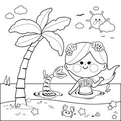 Beautiful mermaid at the beach swimming in the water. Vector black and white coloring page