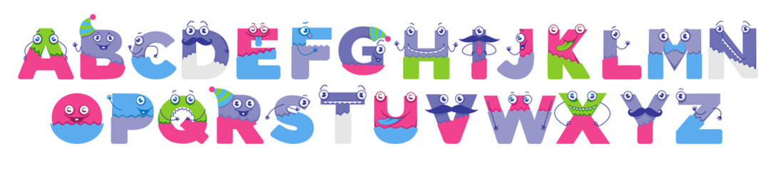 Alphabet for kids, funny childish font letters