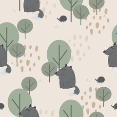 Wolf in the forest. Seamless background with cute animals. Decorative wallpaper for the nursery in the Scandinavian style. Vector. Suitable for children's clothing, interior design, packaging