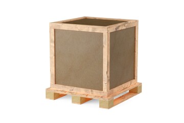 Single brown wooden transport or shipping box or crate on pallet over white background