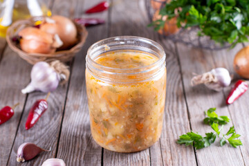 Soup in a container for further freezing. Frozen food