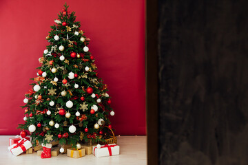 Christmas tree interior with decor gifts for the new year