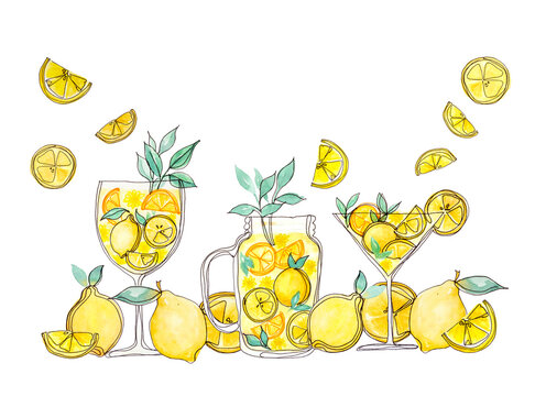 Yellow orange juice fruit in glass and jar, illustration watercolor, clipping path
