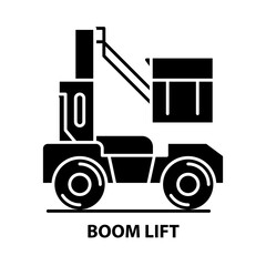 boom lift icon, black vector sign with editable strokes, concept illustration