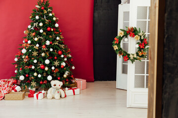 Christmas tree interior with decor gifts for the new year