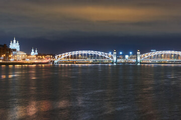 Russia, St Petersburg, Night view of the Bolsheokhtinsky bridge across the Neva
