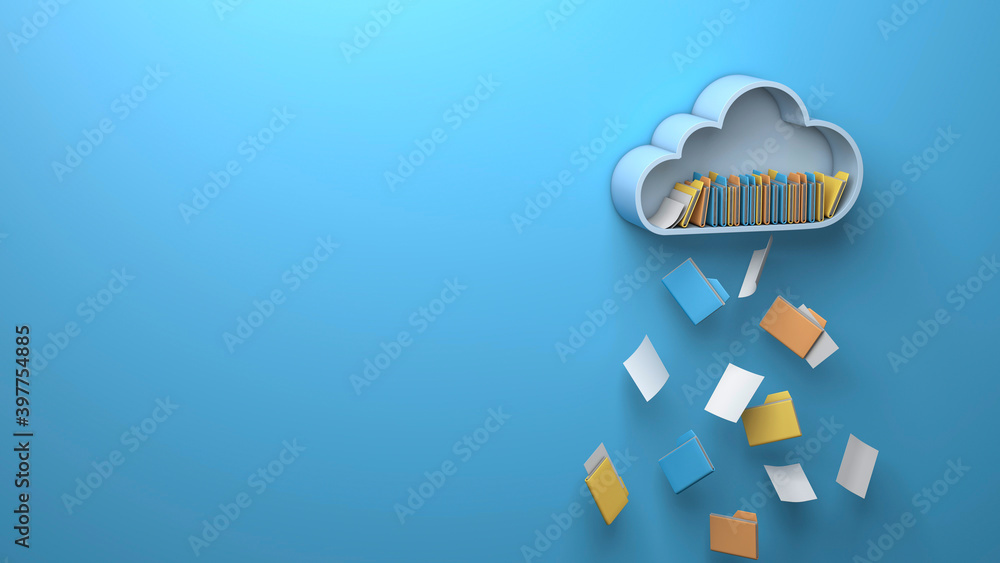 Wall mural cloud storage. a cloud of files and folders falling like rain. copy space for text. 3d render