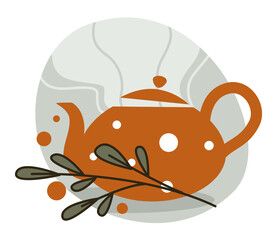 Kettle with hot herbal tea, mint leaves vector