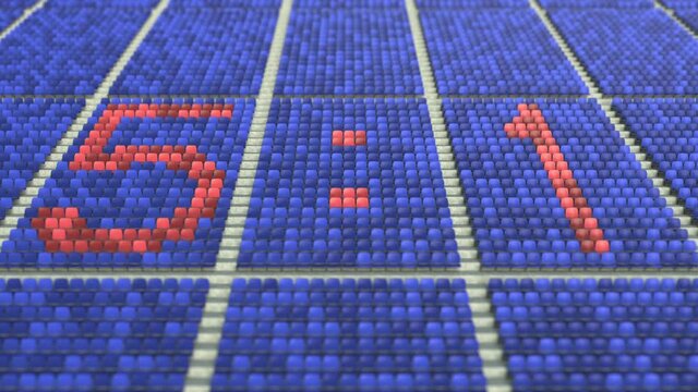 5-1 score made with red and blue stadium seats. 3D animation
