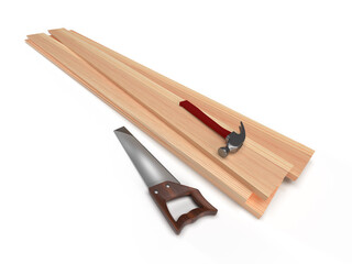 Wooden boards, hacksaw and hammer, 3D rendering