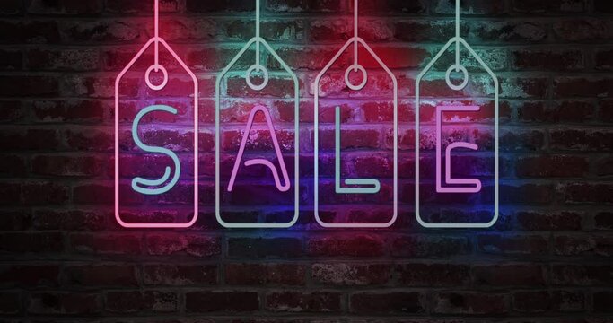 Sale animation neon light sign on brick wall. Sale banner blinking neon sign style for promo video. Concept of sale and clearance concept.