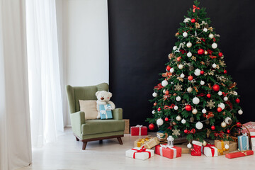 Christmas tree interior with decor gifts for the new year