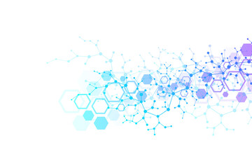 Scientific molecule background for medicine, science, technology, chemistry. Wallpaper or banner with a DNA molecules. geometric dynamic illustration.