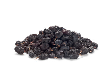 Pile of black currant raisins isolated on white background