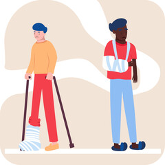 Sad  man with a broken arm and man with broken leg in a cast with a crutch and a fixing collar around his neck, flat vector illustration