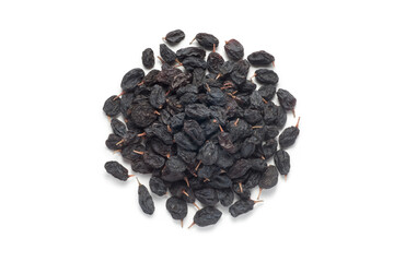 Black currant raisins isolated on white background. Top view.
