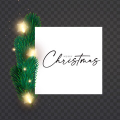 Shining Christmas decoration with fir tree branches, light bulbs gold glitter and bokeh effect. New Year design template