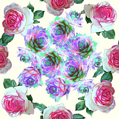 Rose flowers frame with cactuses seamless pattern.