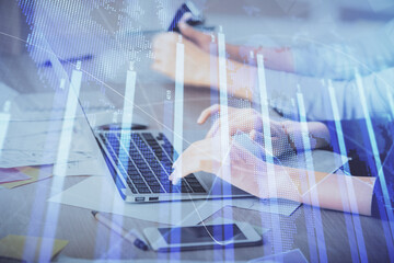 Multi exposure of woman hands typing on computer and financial chart hologram drawing. Stock market analysis concept.