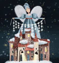Christmas and winter fairy guards the snow houses. Hand drawn illustration.