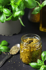 Homemade pesto in a glass jar