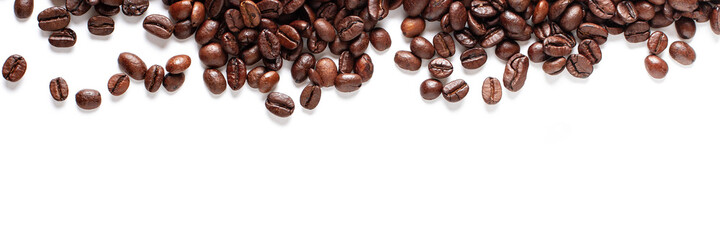 Coffee beans banner isolated on white background with space for your text. Top view. 