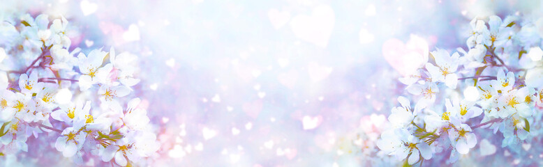 Valentine's Day. Beautiful spring flowers blurred background with heart bokeh effect