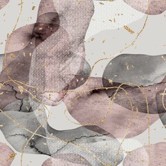 Seamless minimalist abstract watercolor paint and gold blobs shapes. Organic round curvy shapes and lines. Sparkly gold foil lines and flecks. Transparent white geometric pattern shape overlay.