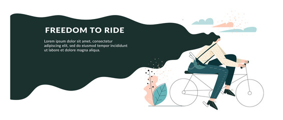 Freedom to ride on bike in the city. Modern woman cycling commute to work. Social media landing page concept. Template for website, banner. Flat vector illustration with character isolated on white