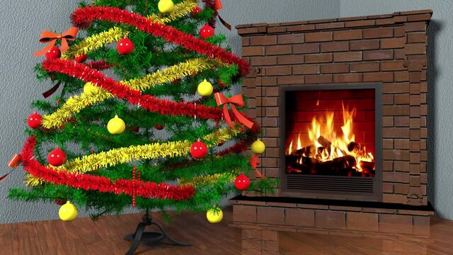 christmas scene with fireplace and tree. decorations and gifts for christmas. holiday atmosphere. background