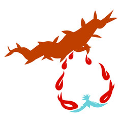 crown of thorns with drops of blood and a flying bird patterning a heart with fishes
