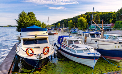 Yacht marina in Zegrze resort town at Narew river and Zegrzynskie Reservoir Lake in Mazovia region,...