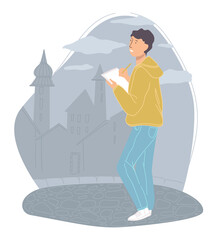 Male character sketching castles or cityscape