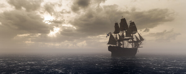 Naklejka premium Pirate ship sailing on the ocean. Stormy clouds