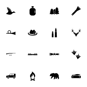Hunting icon - Expand to any size - Change to any colour. Perfect Flat Vector Contains such Icons as rifle, ammunition, hat, bear, duck, forest, suv car, optical sight, bird tracks, campfire, deer.