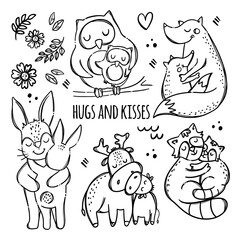 HUGS AND KISSES Cute Animals Hugs And Kisses Their Children Parental Relationship Monochrome Hand Drawn Clip Art Vector Illustration Set For Print