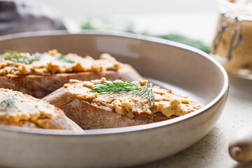 Toasts with pate and fresh dill. Healthy appetizer.