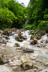 Waterfall in Cherek gorge in the Caucasus mountains in Russia