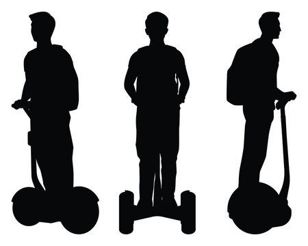 Set Of Young Man On Moving Segway Silhouette Vector, Transportation.