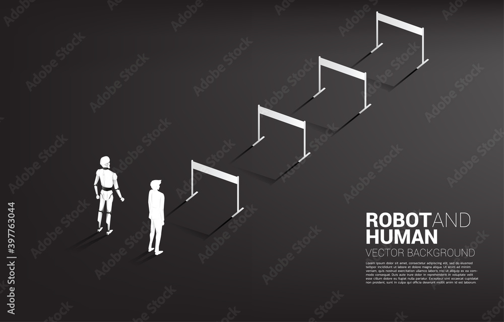 Poster Non fair racing of human and robot. Business concept for machine learning and a.i artificial intelligence.human vs. robot.
