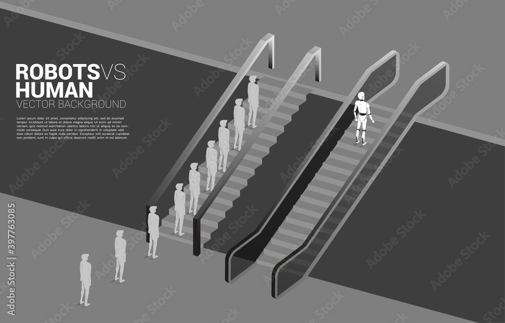 Poster Robot move faster than the group of businessman with escalator. Business concept for machine learning and a.i artificial intelligence.human vs. robot.