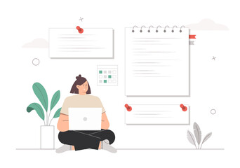 Young woman sitting with a laptop and taking notes. Large abstract notes on the wall, flowers and abstract elements. The concept of successful completion of tasks, daily planning and time management.