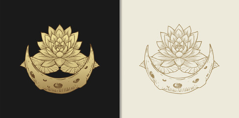 Moon surface with lotus flower luxury gold hand drawn engraving style vector illustration.