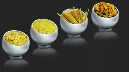 Various Italian pasta in porcelain cups. Black background. Advertising concept with copy space for customized text.