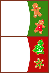 Merry Christmas greeting, gingerbread cookies in shape of men and Xmas tree or snowflake. Winter holiday pastry with glaze, food and Santa treat vector