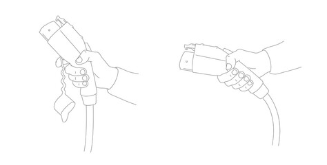 Linear illustration of hand holds charging for electric car. Two position of hand, line charger with wire, realistic outline graphic, electro car charger