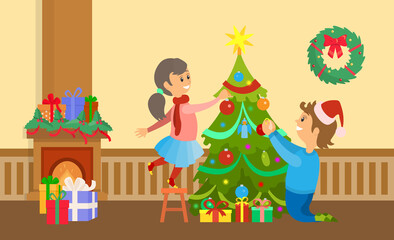 Obraz na płótnie Canvas Christmas holiday preparation decorated tree at home vector. Father and daughter family people with baubles and garlands, fireplace with gifts presents