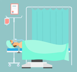 Obraz premium Hospital bed anesthesia vector illustration. The patient lies on the operating table. Man with anesthesia mask on his face. Surgical room interior. haracter against the background of a medical screen